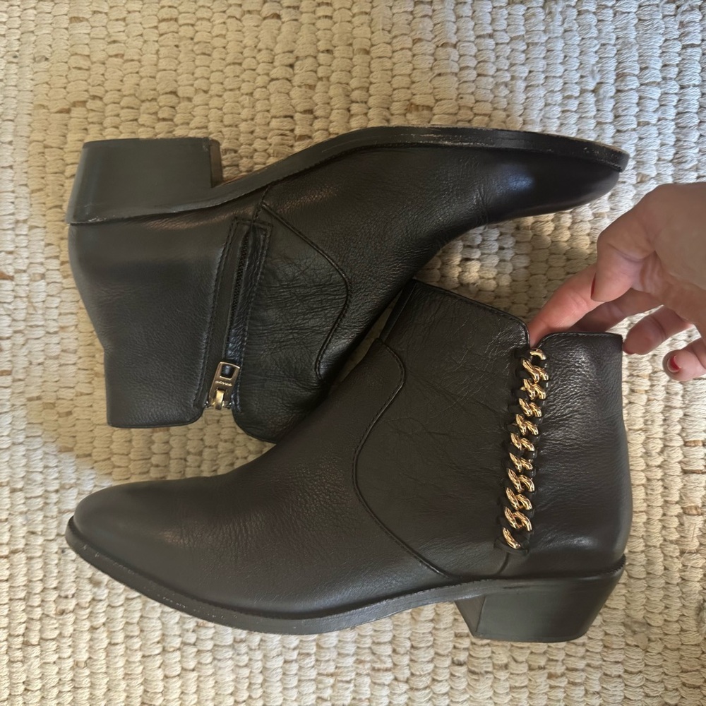 COACH black leather Corine booties with gold chain